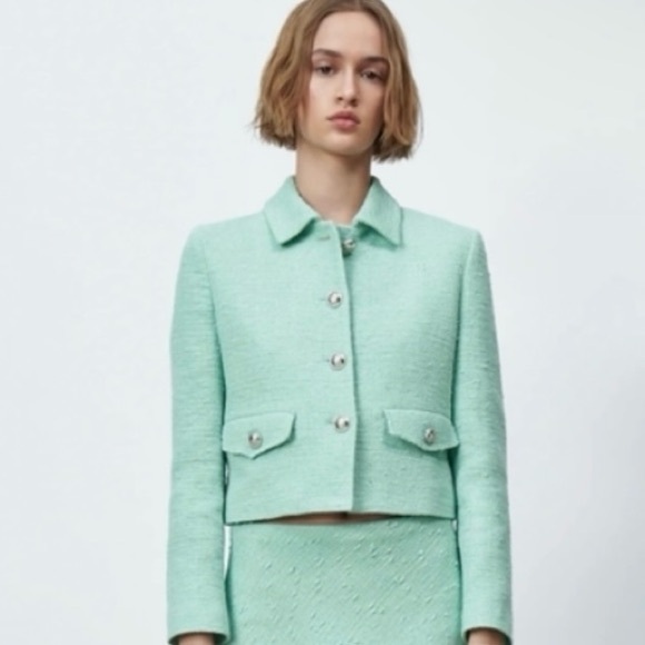 Zara Light Green Cropped Tweed Blazer. Size M. Mint Green. Chanel Inspired. - Picture 3 of 8